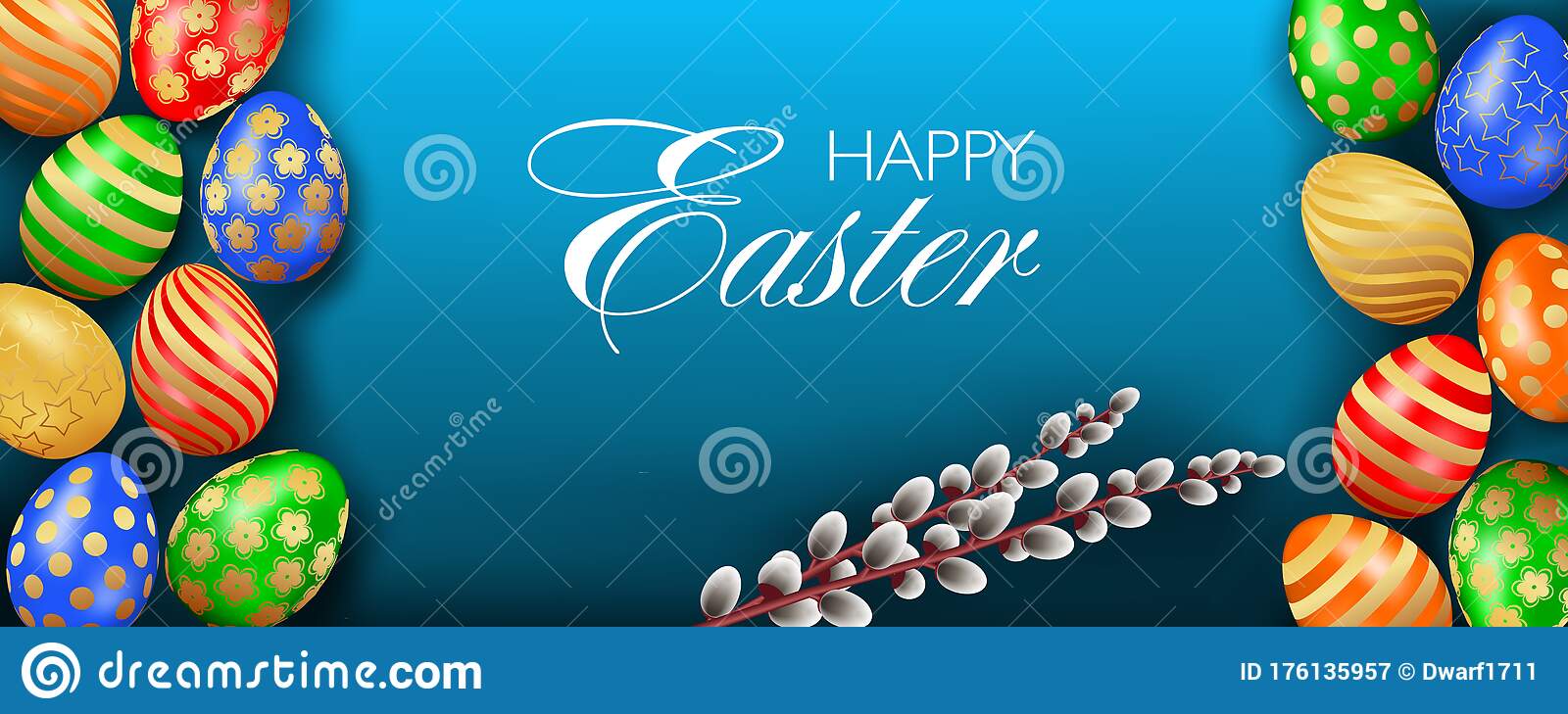 Pretty Happy Easter website header or banner template with multicolored realistic 3D eggs and willow trees on blue background top view 