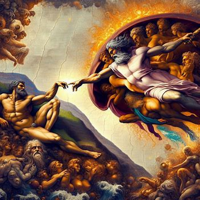 "Сотворение Адама" Микеланджело - фреска, изображающая момент создания человека Богом. как видит AI