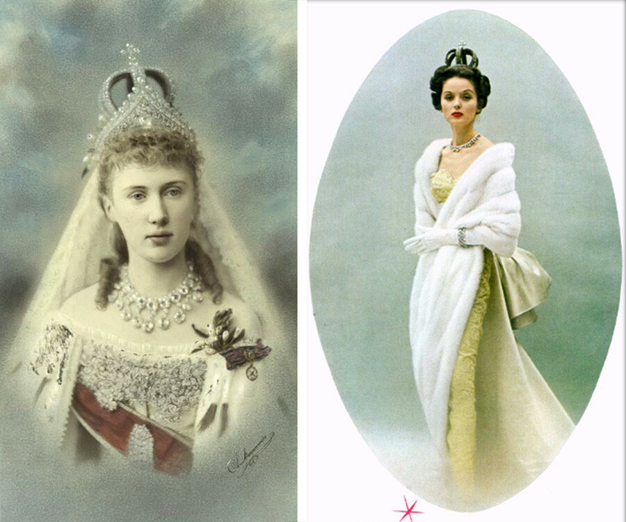 Елизавета Маврикиевна выходила замуж в этой короне в 1884 году. На фото 1953 года корона украшает модель Cartier в вечернем платье. (с) Public domain; Vogue, April 15, 1953