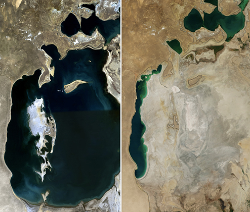 Аральское море в 1989 и 2014 годах. При этом к 1989 году Аральское море уже заметно высохло и впервые распалось на два изолированных водоема. В 1960 году крупного острова в западной части Южного Арала не было, да и на востоке береговая линия проходила дальше.  