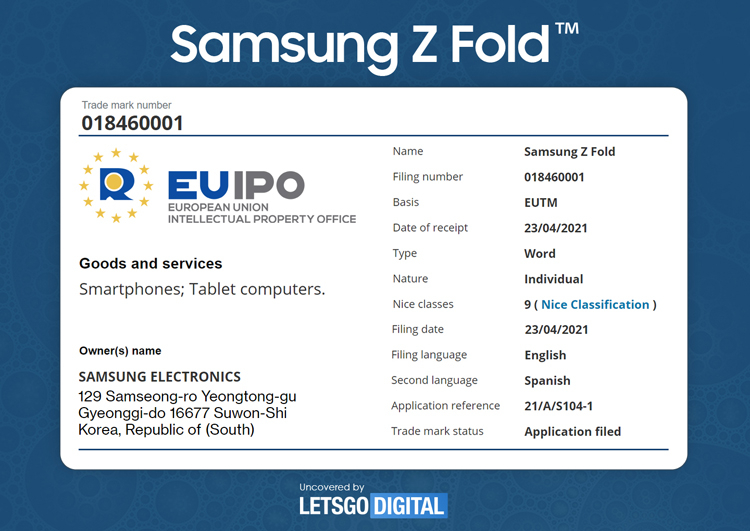 Samsung зарегистрировала марку Galaxy Z Fold для складного планшета Galaxy, Samsung, планшетов, может, стать, LetsGoDigital, первым, гибким, марка, дисплеем, складывающимся, подготовке, местах, сразу, Южнокорейский, крупным, довольно, гаджет, подобной, семействе