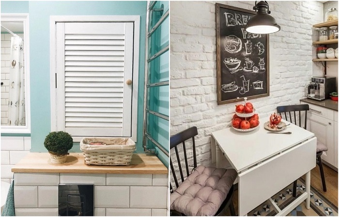 Жалюзийная решетка в ванной и уютные стулья на кухне украсят квартиру