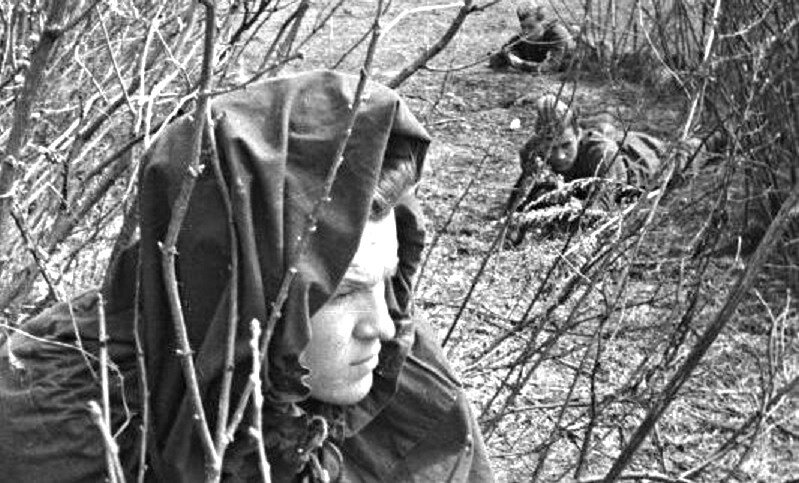 Группа советских разведчиков в кустах