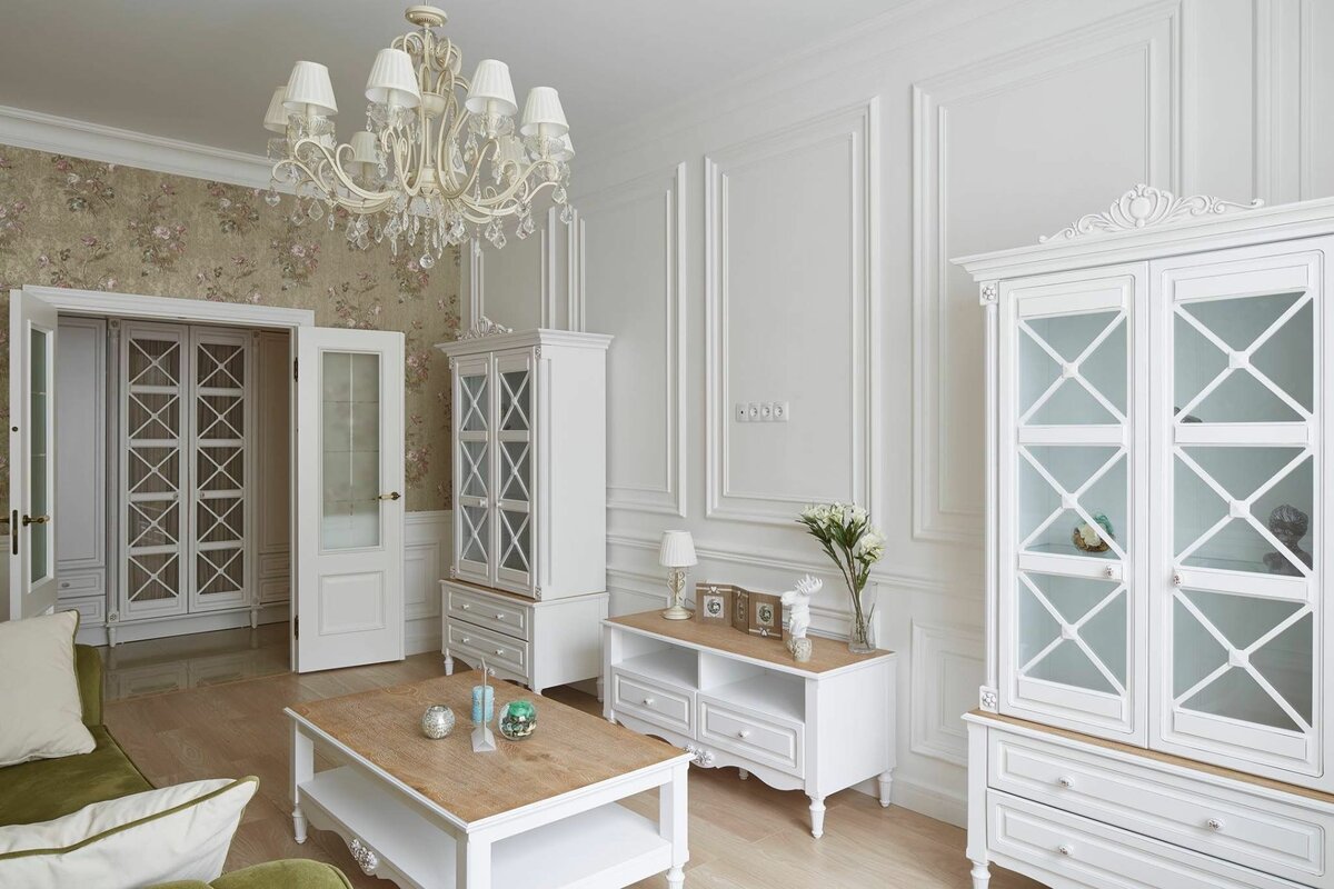 белая мебель для гостиной неоклассика