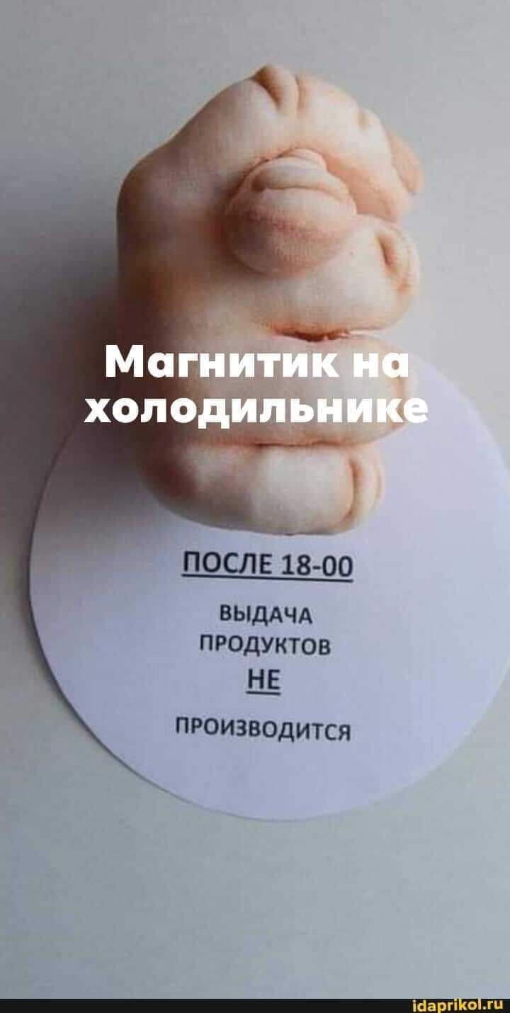 Возможно, это изображение (один или несколько человек и текст «магнитик на холодильнике после 18-00 выдача продуктов не производится idaprikol.ru»)