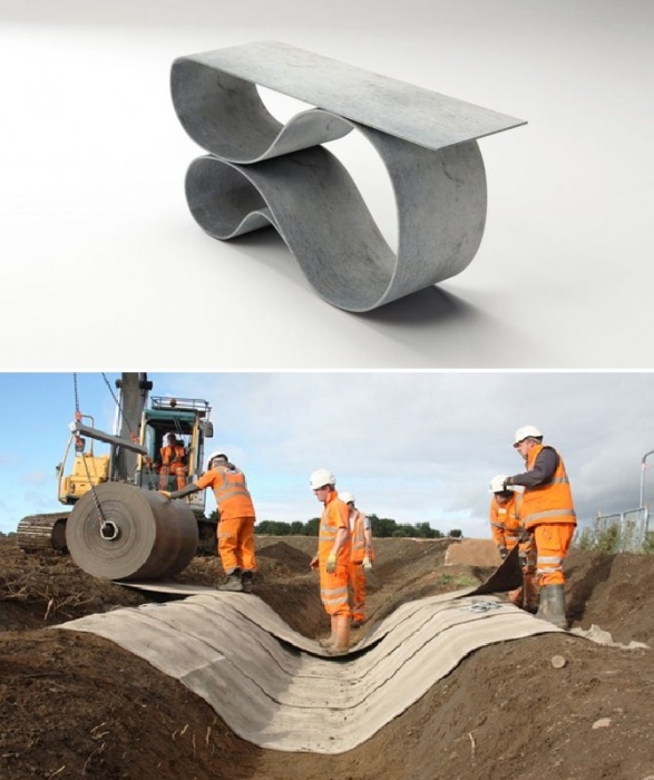 Concrete Canvas можно применять практически на любых поверхностях, мягко «обволакивая» выступы и впадины, а вот после смачивания полотно затвердевает, превращаясь в армированный бетон.