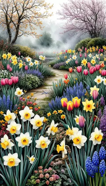 Красивый туманный пейзаж, садовые весенние цветы