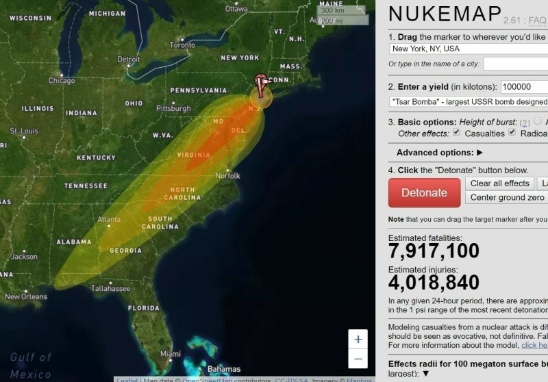 Модель NukeMap радиоактивного заражения от стомегатонного взрыва в бухте у Нью-Йорка