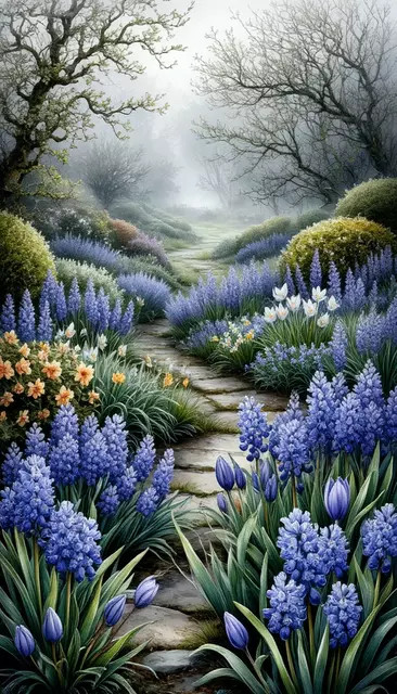 Красивый туманный пейзаж, садовые весенние цветы