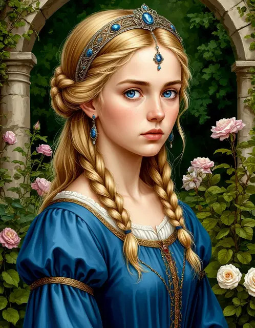 Молодая графиня в саду, 14 век, светлые волосы, голубые глаза