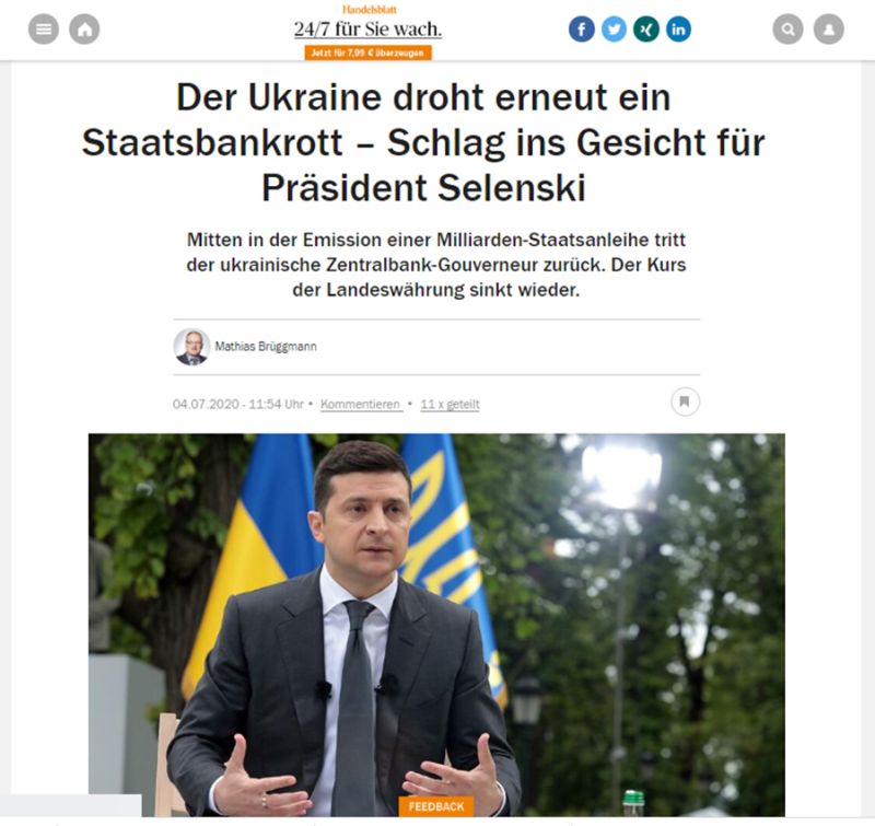 Handelsblatt: банкротство Украины – удар по Зеленскому украина