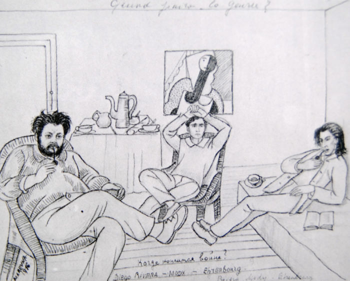 «Когда закончится война?» Рисунок Маревны, 1916, Париж. Слева направо изображены Ривера, Модильяни и Эренбург.
