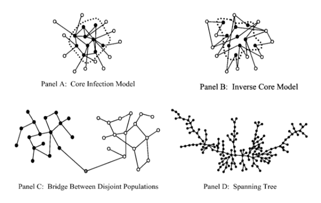 Четыре основных сетевых структуры, которые встречаются при передаче инфекционного заболевания. Слева наверху (А) - модель ядро-периферия, где ядро инфицировано и ввиду своего центрального положения передает болезнь по всей сети. Справа наверху (В) - перевернутая модель ядро-периферия, где ядро инфицировано и передает болезнь  другим на периферии, но не передает между собой. Например, секс-работники и дальнобойщики, где дальнобойщики - выделены белым. Слева внизу (С) - модель брокера, где есть различные группы, одна с высокорисковым поведением (например, употребляющие наркотики), вторая - нет (не употребляющие наркотики). Между ними есть брокер, который соединяет их и передает инфекцию в низкорисковую группу. Справа внизу (D) - модель цепи, которая обнаружена в работе Bearman et al (2004). Сеть представляет собой цепь, чтобы дойти от одного конца до другого необходимо проделать множество сетевых шагов. Изображение из статьи Bearman et al (2004).
