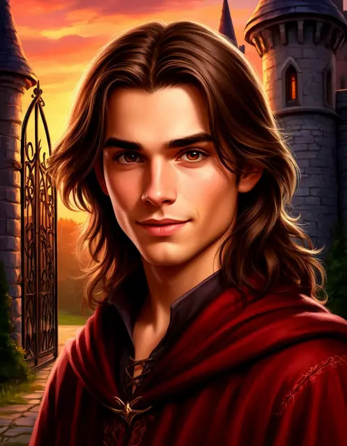 Средневековый молодой маг на фоне ворот рыцарского замка, закат