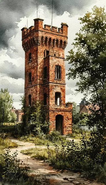 Старая башня из кирпича на окраине города, английская акварель