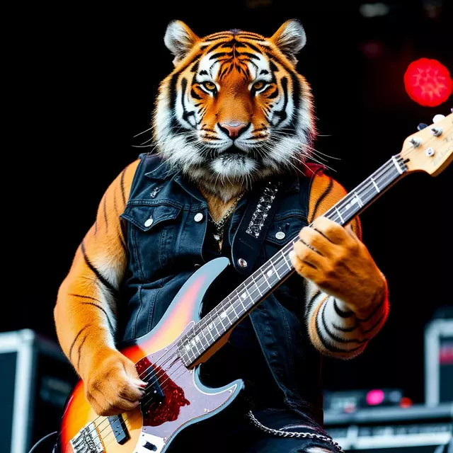 Тигр-рокер играет на бас-гитаре. YandexART 2.5.