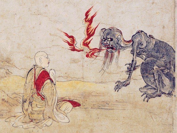 Mulian confront his hungry ghost mother in the Kyoto Ghosts Scroll, late 12th century.