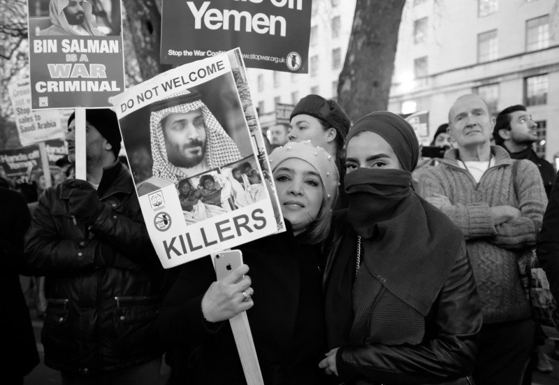 Протесты в Лондоне против саудовской бомбежки Йемена, март 2018 года. 