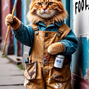 рыжий кот с кистью и банкой краски