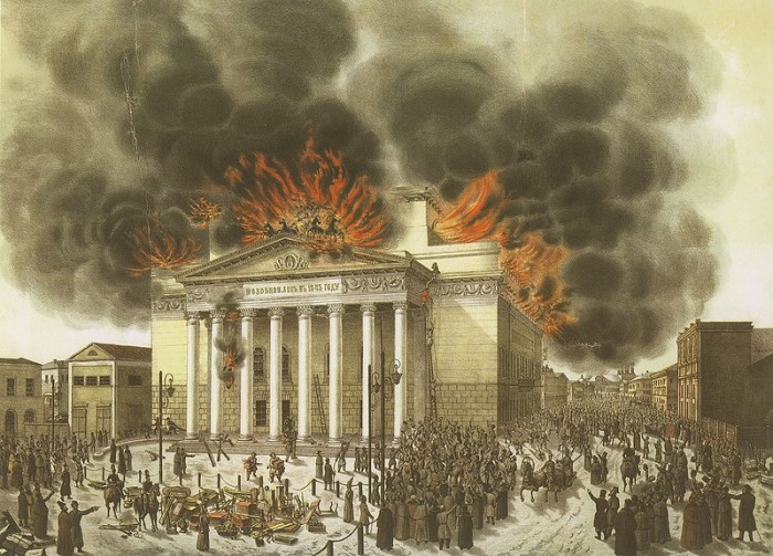 Пожар Императорского Большого театра 11 марта 1853 года. /Литография с рисунка Э. Лилье. 1853 г. Пожар Императорского Большого театра 11 марта 1853 года. /Литография с рисунка Э. Лилье. 1853 г.