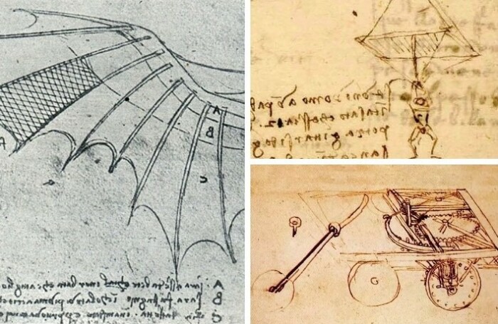 Чертежи крыла, самодвижущейся повозки и парашюта.