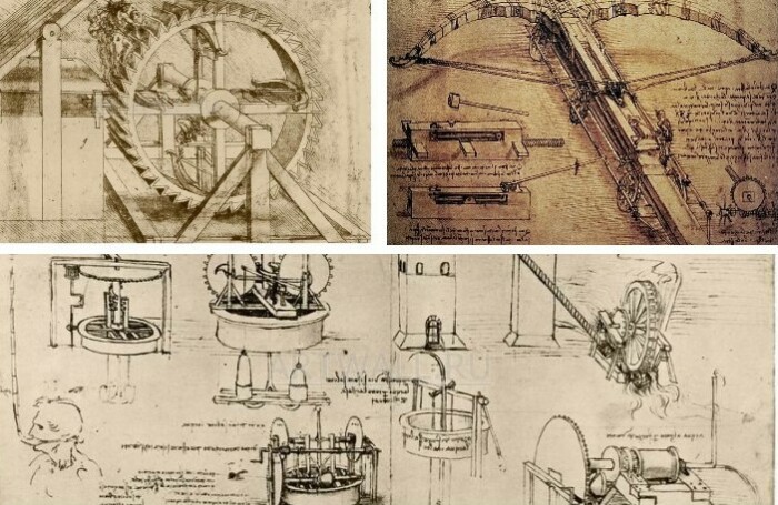 Чертежи автоматического гигантского арбалета, а также другие приспособления.