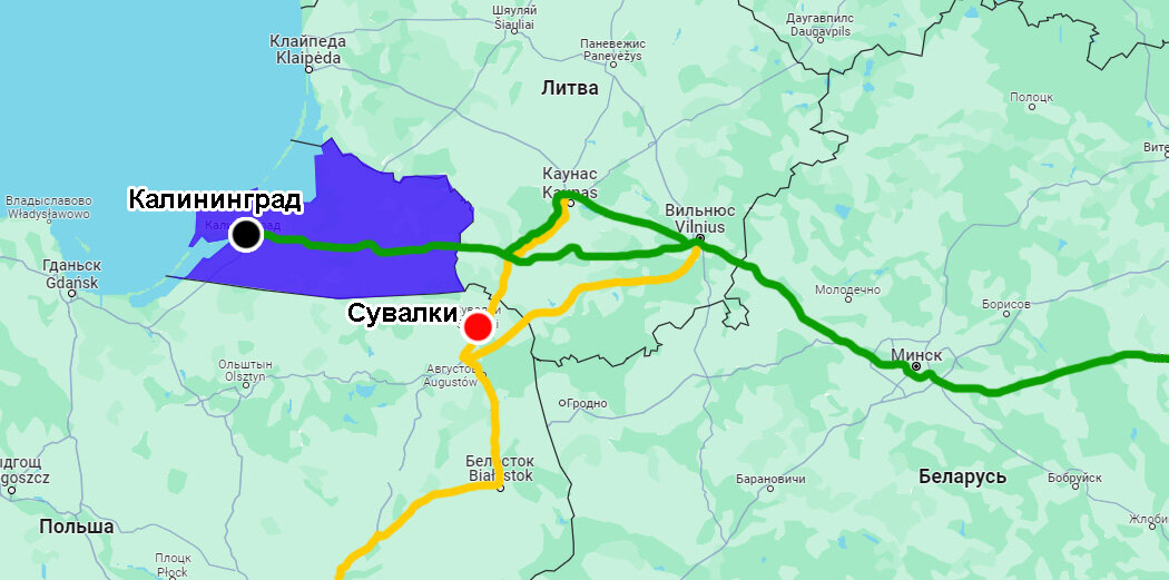 Сувалкский коридор ― это узенький участок суши длиной 104 км (если измерять её вдоль границы, или 65 км по прямой), расположенная непосредственно вдоль польско-литовской границы.-8