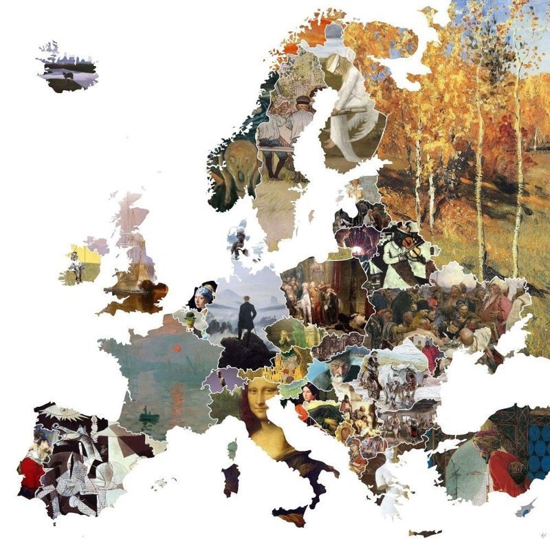 8. Карта Европы из знаковых произведений искусства каждой страны в мире, забавно, карта, карта мира, карты, креатив, подборка, фото