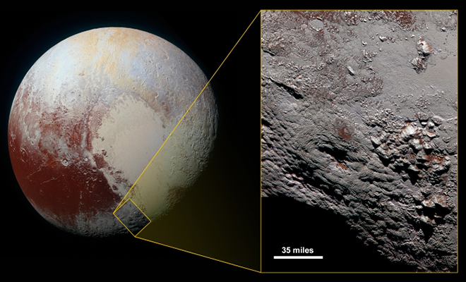 Горы на Плутоне при взгляде с орбиты планеты: видео с космического зонда Плутона, относительно, Horizons, поверхности, снимках, переданных, примерно, извержений, поздние, более, активен, всему, районе, расположен, вулкан, ледяной, Космический, прошлых, следами, являющиеся