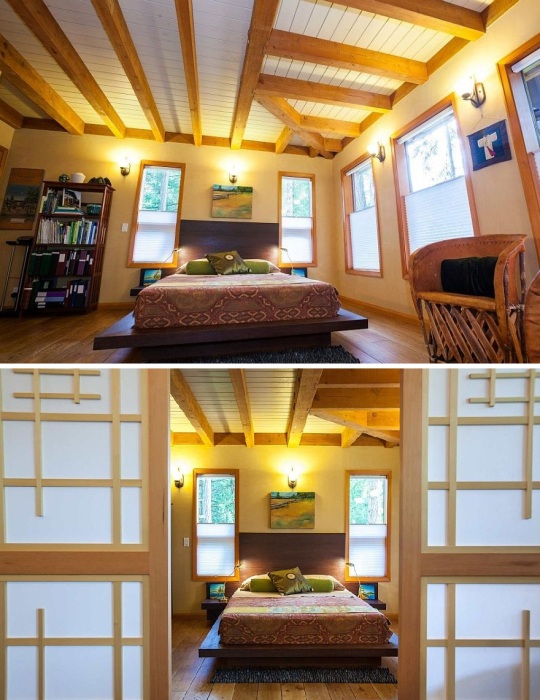 Спальня оформлена в японском стиле.