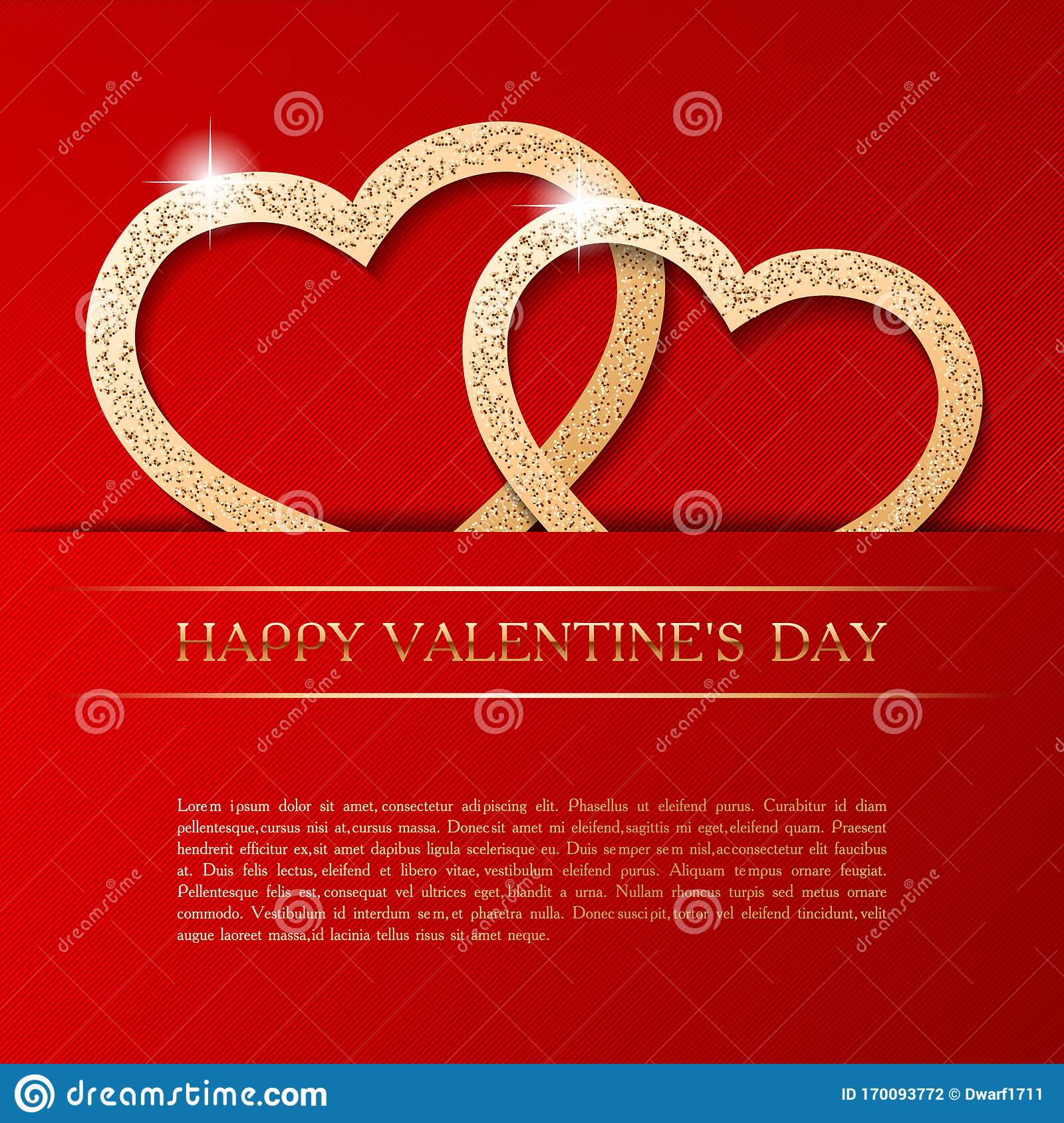 Couple of golden hearts on red striped background. Happy Velentines Day golden text. Cute card, banner, flyer, poster, voucher, greeting card, social network post vector template. 
