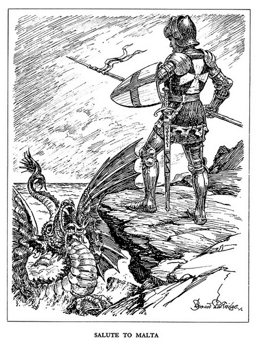 «Салют Мальте» (29 апреля 1942 года). Святой Георгий с мальтийским крестом на латах стоит над поверженным драконом. Весной 1942 года стало ясно, что непосредственная угроза стратегически важному «непотопляемому авианосцу Британии» миновала - Весёлые картинки Warspot: английский юмор и Вторая мировая | Warspot.ru