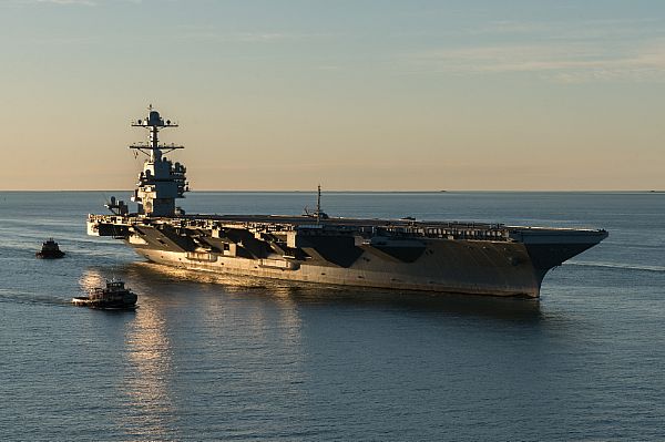 170414-O-N0101-110 NORFOLK (April 14, 2017) The aircraft carrier Pre-Commissioning Unit (PCU) Gerald R. Ford (CVN 78) pulls into Naval Station Norfolk for the first time. The first-of-class ship - the first new U.S. aircraft carrier design in 40 years - spent several days conducting builder's sea trails, a comprehensive test of many of the ship's key systems and technologies. (U.S. Navy photo by Matt Hildreth courtesy of Huntington Ingalls Industries/Released)