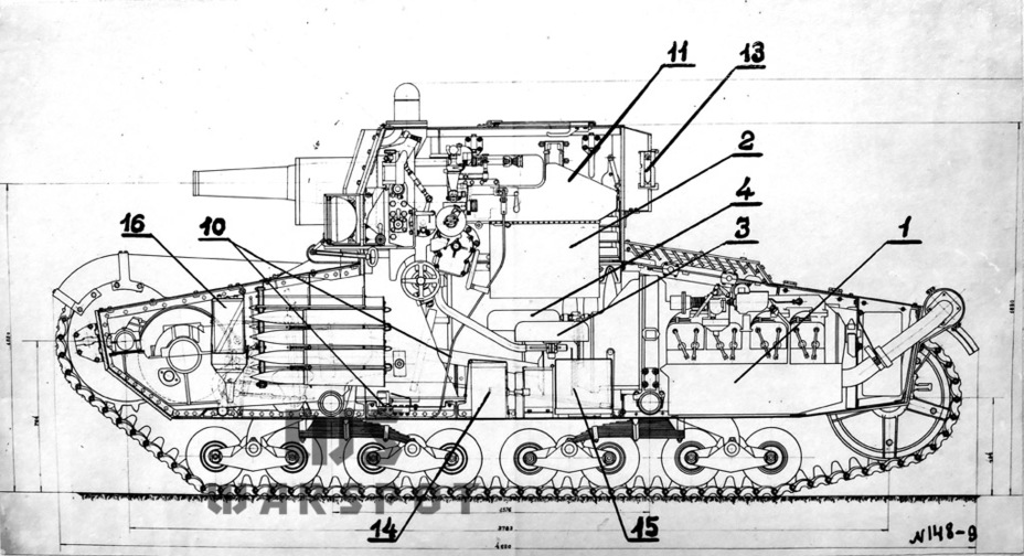 ​Продольный разрез АТ-1 — так машина выглядела по проекту - Лёгкий арттанк без башни | Warspot.ru