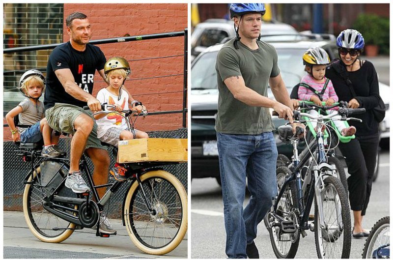 Лев Швайбер и Метт Деймон выгуливают на велосипедах всю свою семью велосипеды, звезды, интересное, фото