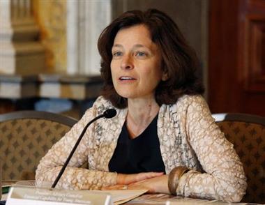 FILE PHOTO: Sarah Bloom Raskin, in her role as Deputy Treasury Secretary in October 2014, participates in an open meeting of the President's Advisory Council on Financial Capability for Young Americans at the Treasury Department in Washington, October 2, 2014. REUTERS/Yuri Gripas/File Photo