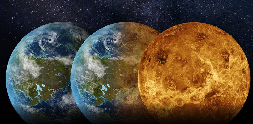 Считается, что первоначально Венера обладала океанами и лишь чрезмерное количество СО2 в атмосфере заставило их выкипеть, сделав планету безжизненной / ©dailygalaxy.com