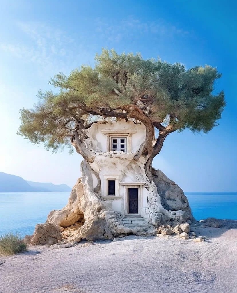 Вилла на пляже Крита, построенная вокруг древнего дерева