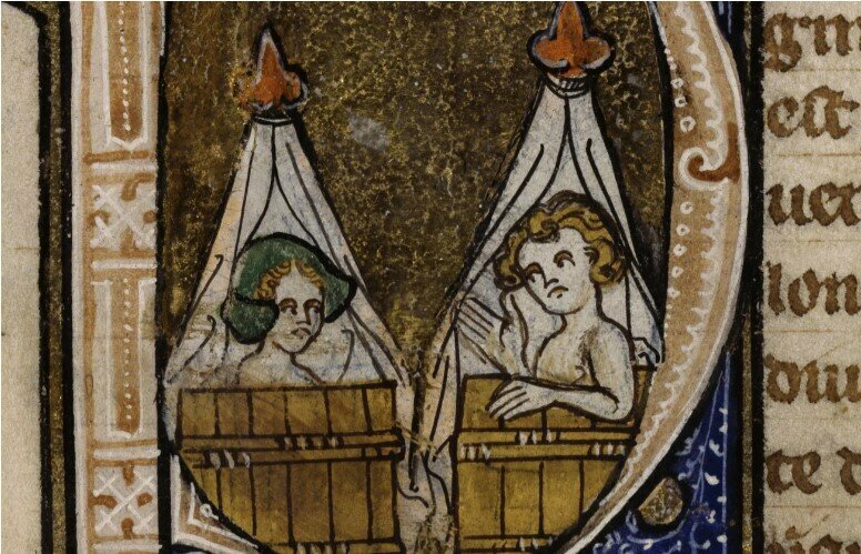 Муж с женой принимают ванну в бочках, гравюра XIV века