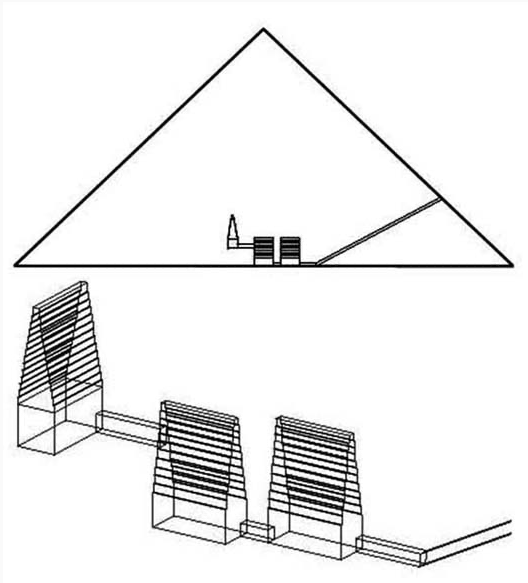Схема внутренних камер в Красной пирамиде. Изображение взято из книги А. Ю. Склярова "Пирамиды: загадки строительства и назначения", издательство ВЕЧЕ, 2013