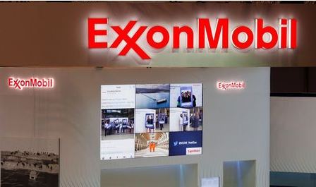 Logos of ExxonMobil are seen in its booth at Gastech, the world's biggest expo for the gas industry, in Chiba, Japan April 4, 2017. REUTERS/Toru Hanai