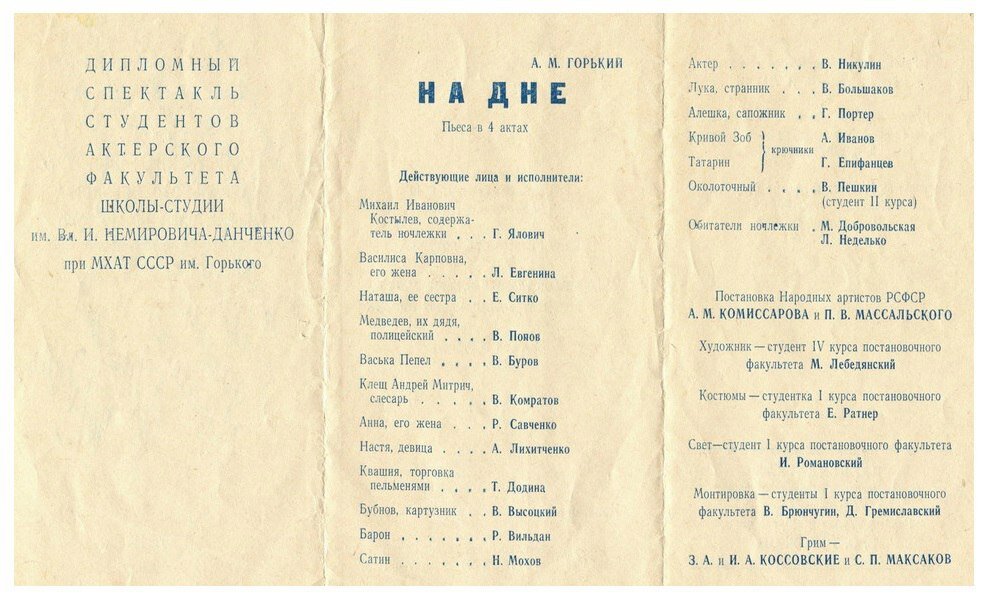 1960 - Дипломный спектакль Школы-студии МХАТ "На дне".