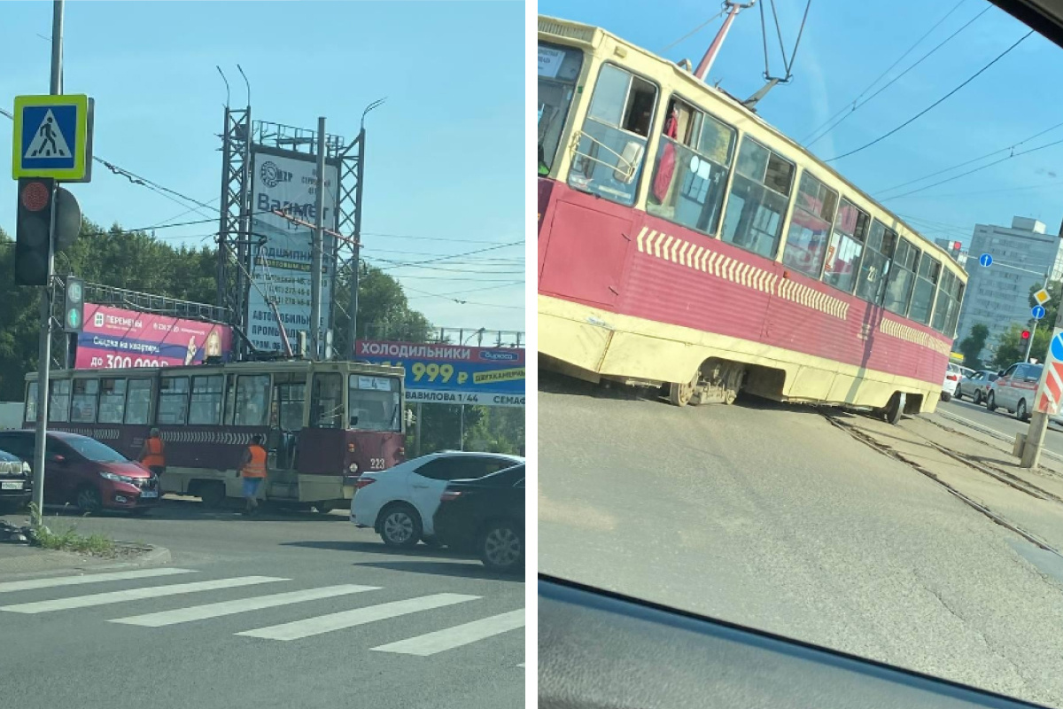 В Красноярске трамвай сошел с рельсов и поставил улицу Матросова в пробку