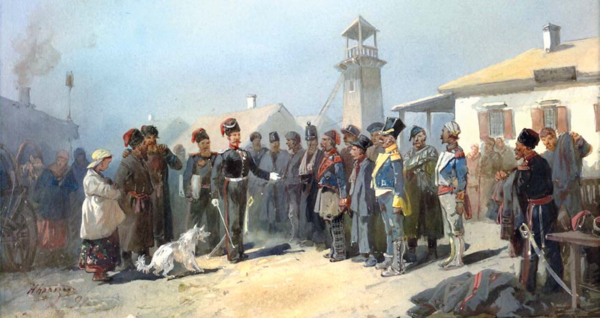 РИСУНОК: НИКОЛАЙ КАРАЗИН «ЗАЧИСЛЕНИЕ В КАЗАКИ ПЛЕННЫХ ПОЛЯКОВ АРМИИ НАПОЛЕОНА».
На рисунке: пленные поляки в Омске в 1813 году переодеваются в казачьи мундиры.