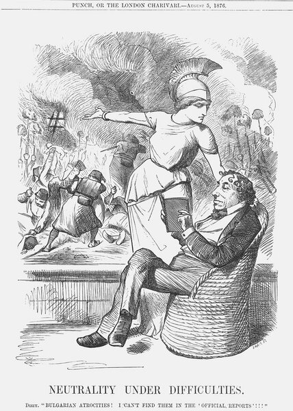 Британия призывает Бенджамина Дизраэли прервать нейтралитет. Английская карикатура. 1876 год © Getty Images