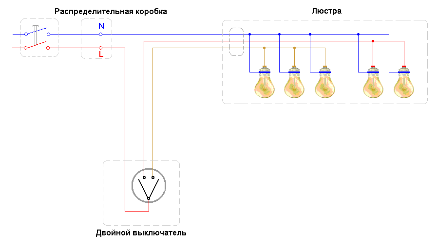 схема подключения люстры на два выключателя