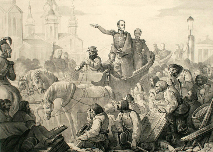 Николай I на Сенной площади во время холерного бунта. 1831 год