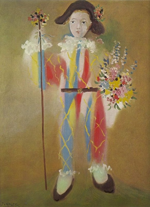 «Пауло в костюме Арлекина с цветами». (1923). Автор: Пабло Пикассо.