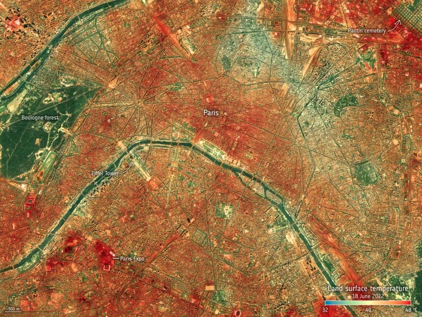 Прибор ECOSTRESS НАСА, который находится на Международной космической станции, зафиксировал температуру грунта в окрестностях Парижа 18 июня 2022 года. Хорошо видны самые горячие поверхности.