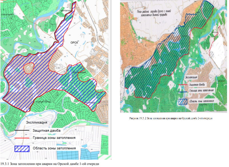 СПРОГНОЗИРОВАННЫЕ ЗОНЫ ЗАТОПЛЕНИЯ ИЗ-ЗА АВАРИЙ НА ДАМБАХ (1-Й ОЧЕРЕДИ – СЛЕВА, 2-Й ОЧЕРЕДИ – СПРАВА)//СКРИНШОТ ИЗ ДЕКЛАРАЦИИ БЕЗОПАСНОСТИ КОМПЛЕКСА ГТС Г. ОРСКА.